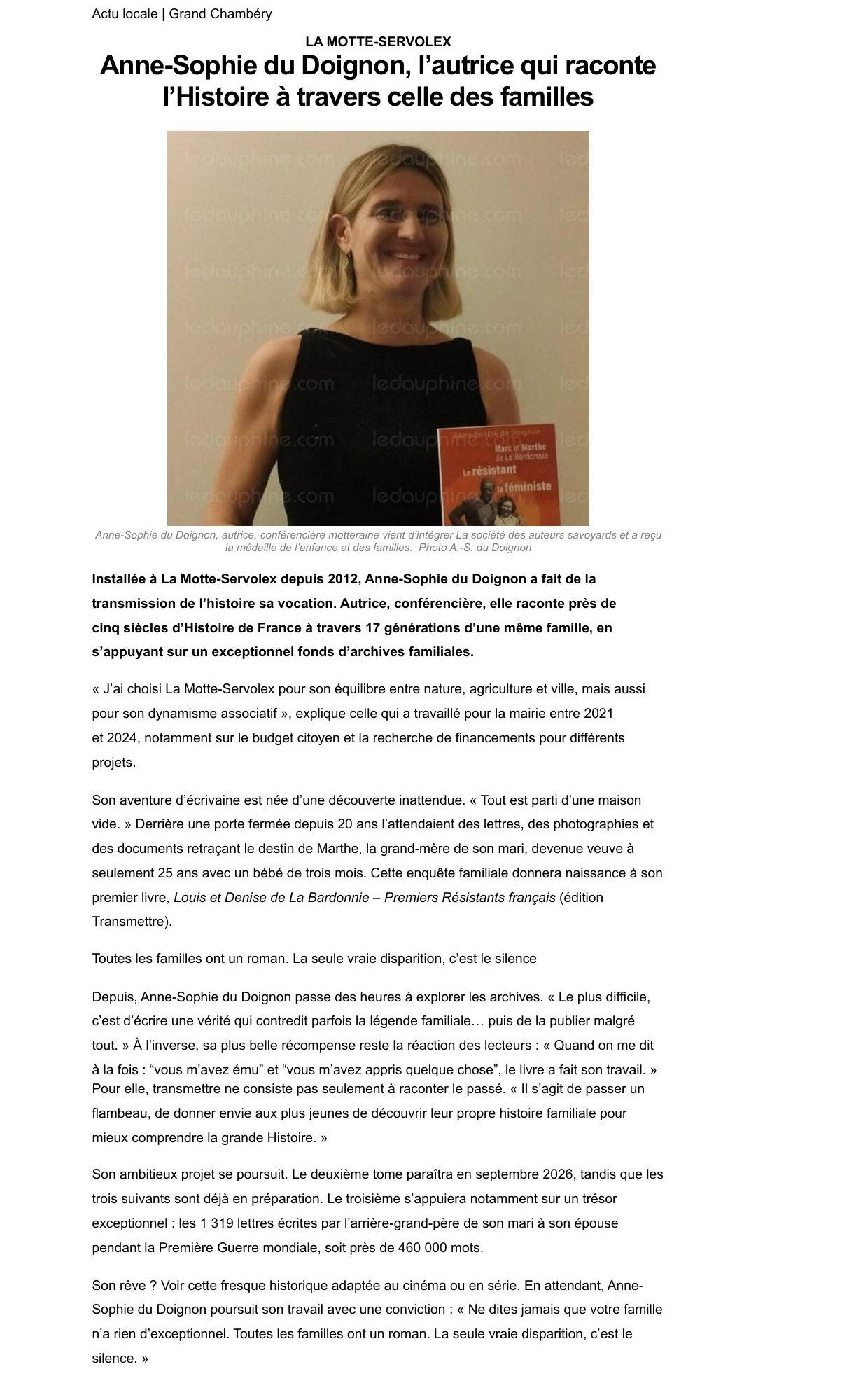 Article Dauphiné Libéré — Anne-Sophie du Doignon, l'autrice qui raconte l'Histoire à travers celle des familles